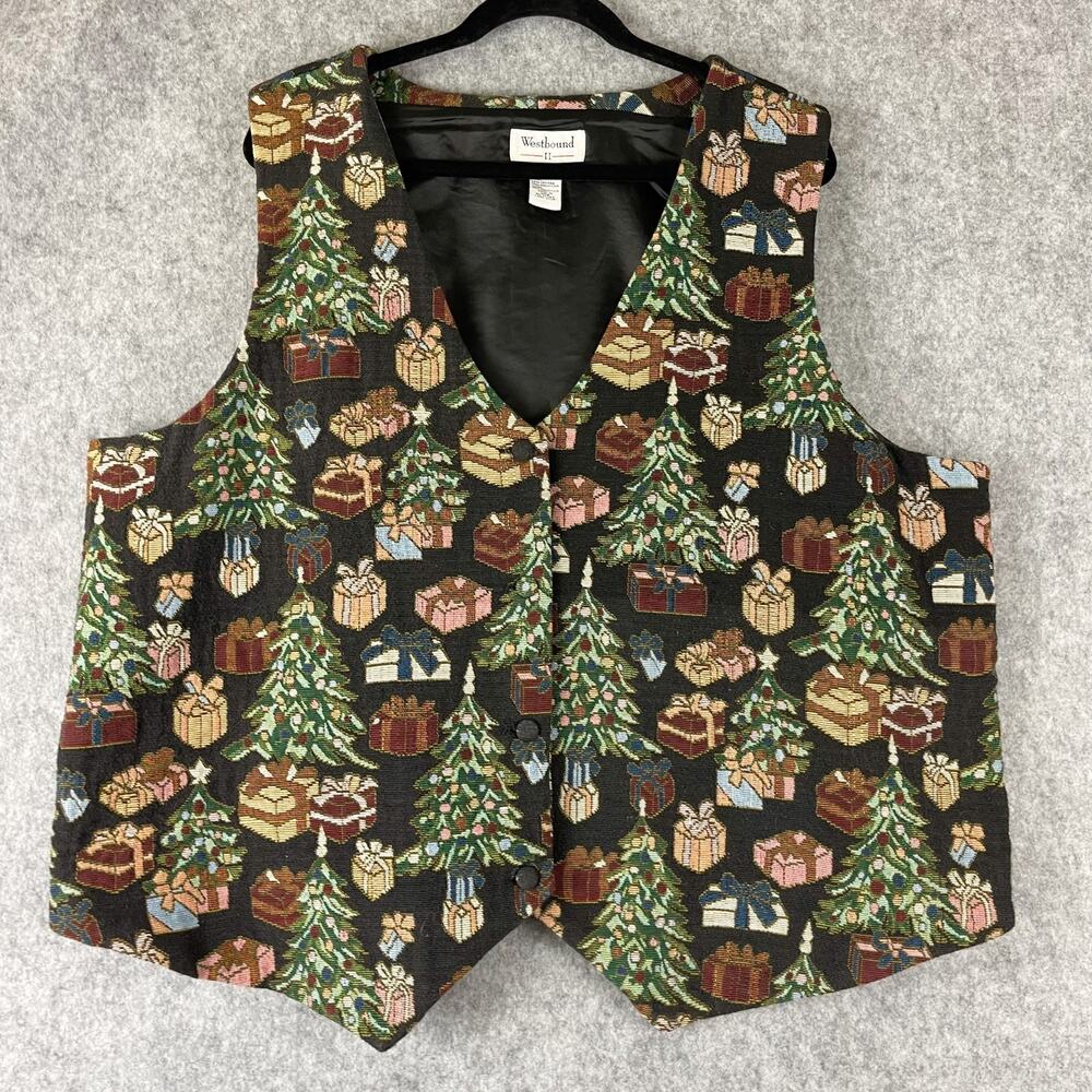 Westbound II Vest Womens 2X Jacquard Tapestry Waistcoat Christmas Holiday Granny